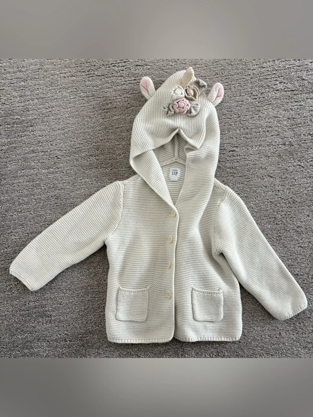 Baby GAP 18-24 months Cream Knit Hooded Cardigan w/ Unicorn Ear Accents